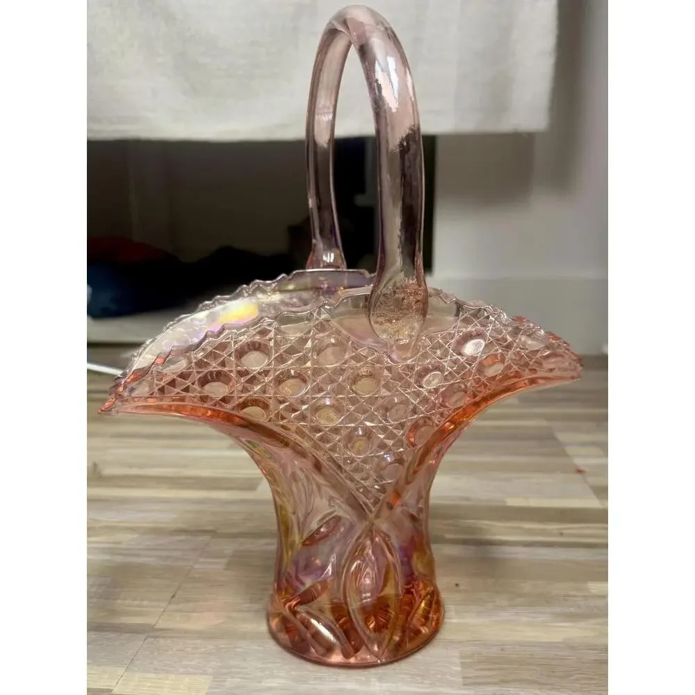 Vintage Pink Carnival Glass Basket Iridescent Hobnail Art Mid Century Decorative